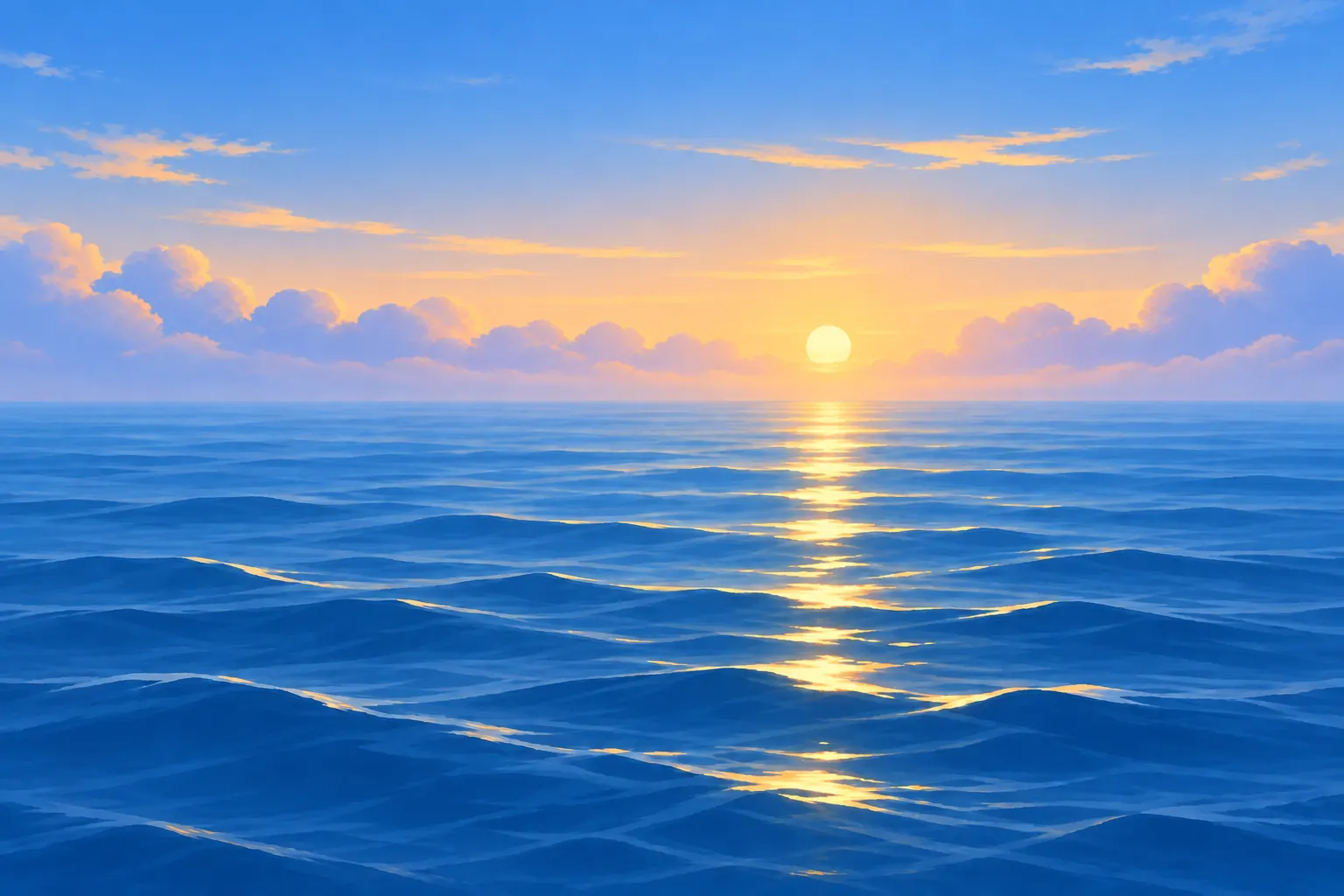 A calm blue sea with sunlight reflected on the water